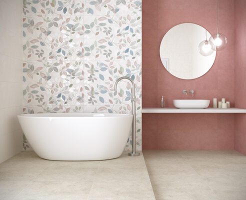 Collezione Vibes di Herberia – Rivestimenti in Pasta Bianca 33x100 Effetto Resina e Decori Floreali