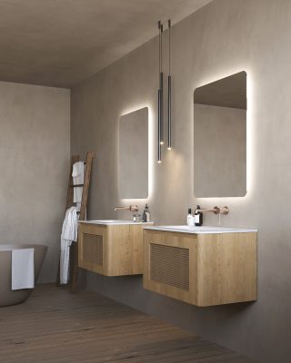 Specchio bagno LED retroilluminato Ledimex Danimarca con design minimal e bordi arrotondati, luce fredda 6500 K, durata LED fino a 50.000 h e protezione IP44. Perfetto per bagni moderni.