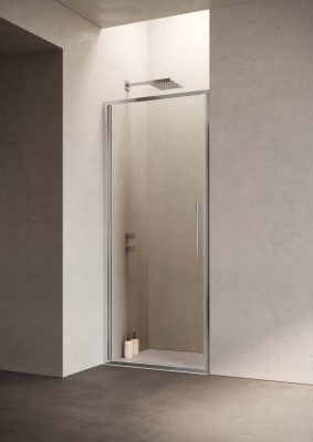 Porta doccia battente HEXA by SAMO per installazione in nicchia con profilo cromo e vetro trasparente. Soluzione elegante e funzionale per bagni moderni.