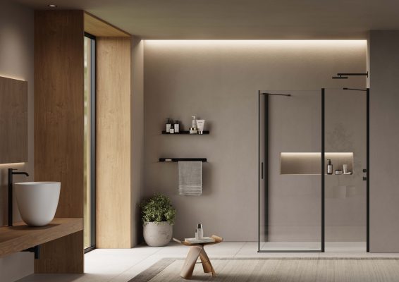 Porta battente doccia con elemento fisso ideale per soluzioni su misura, design moderno e massima funzionalità per box doccia eleganti e personalizzabili.